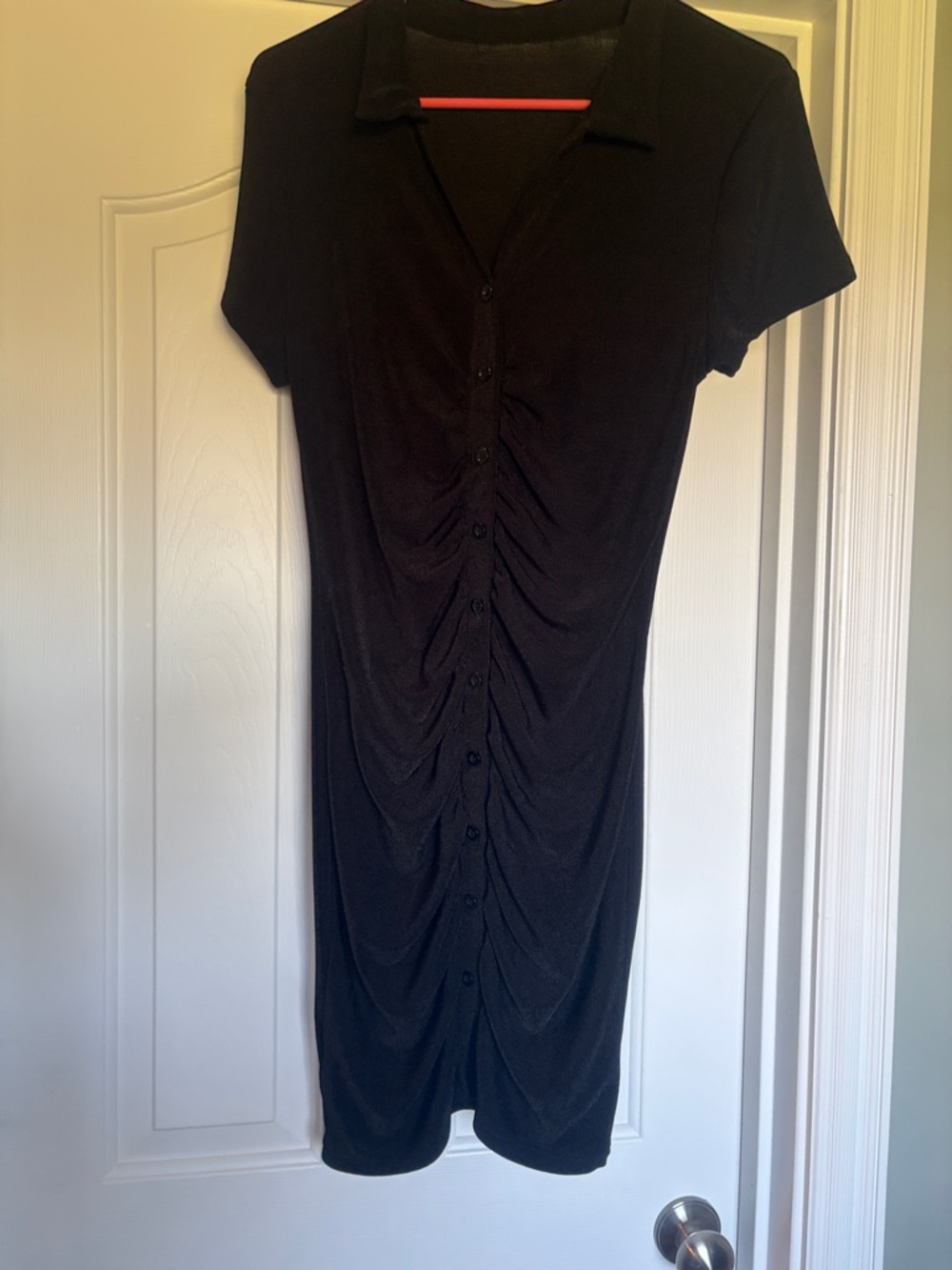 Classic Black Ruched Button-Front Dress